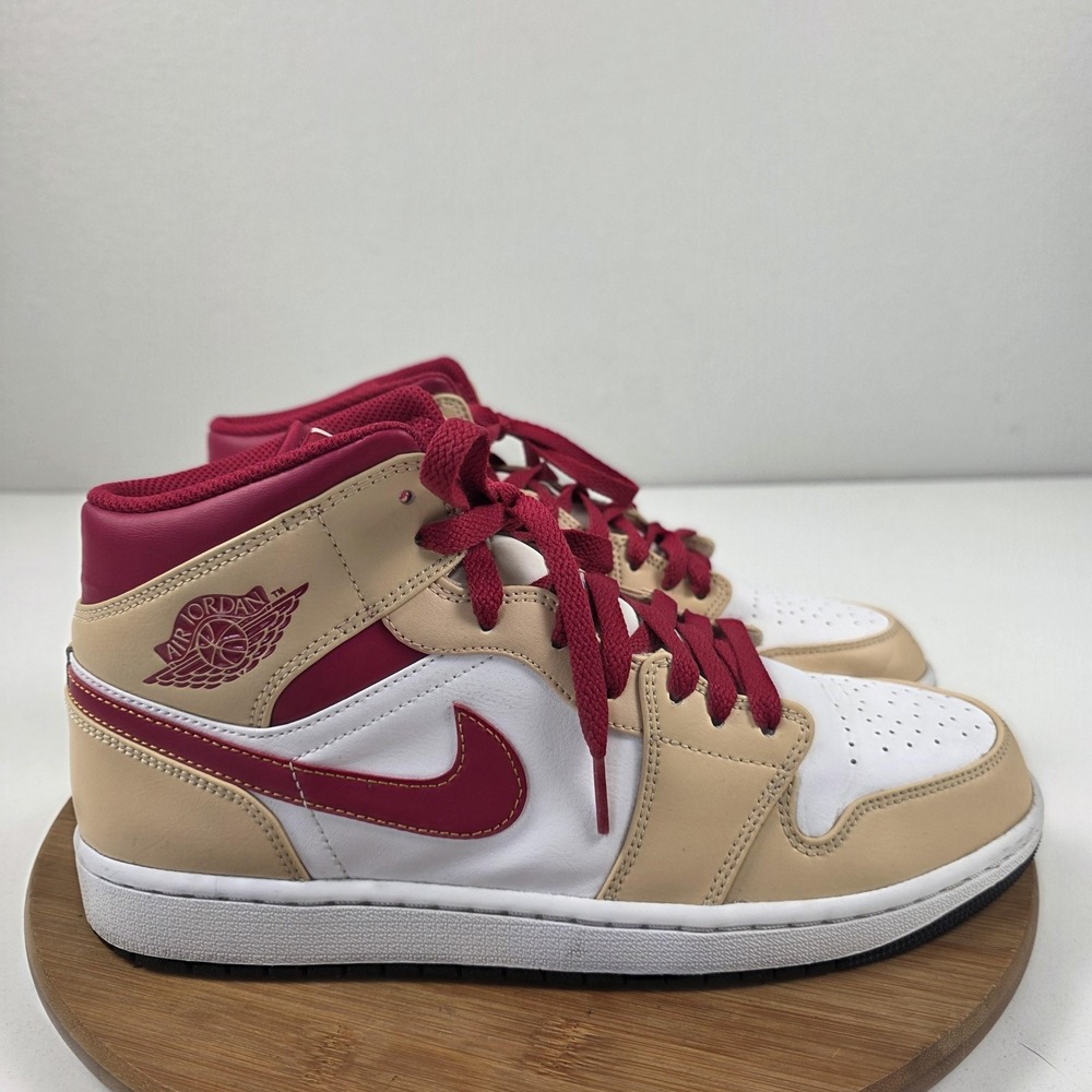 Air Jordan 1 Mid Shoes Mens Size 10.5 Tan Red White Leather Sneakers 554724-201 - Picture 6 of 16